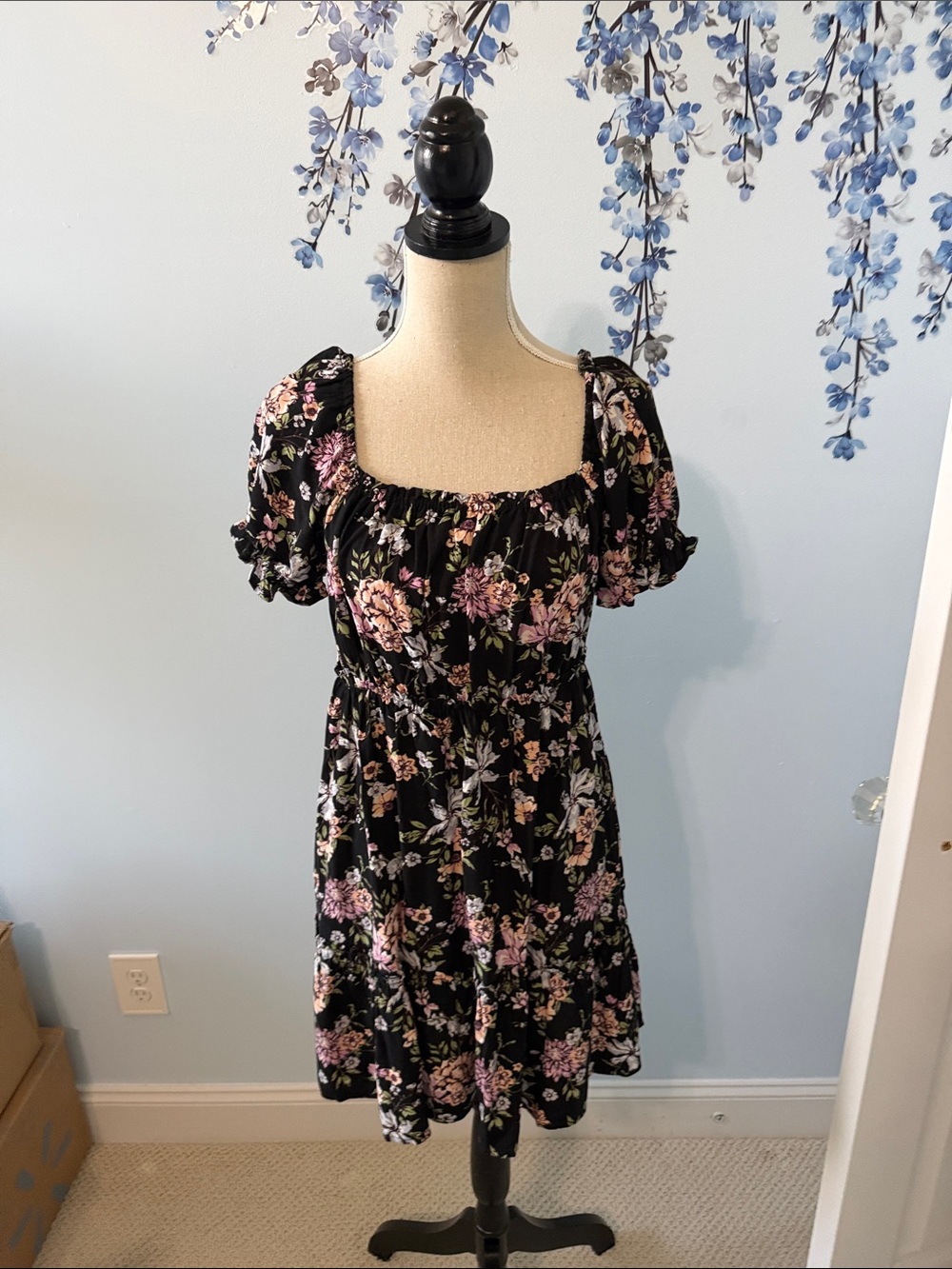 Rewind Black Floral Mini Dress with Pink and Green Accents